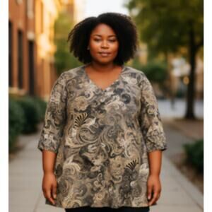 Dressbarn Tunic Blouse Womens 2X Gray Metallic Stretch Career Casual Boho